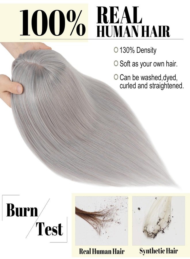 SEGO Grey Hair Toppers for Women Real Human Hair With Bangs, 10 * 12 CM Silk Base Clip In Topper Wiglet, Top Pieces for Women with Thinning Hair -10 Inch #G1 Silver Grey - Image 2